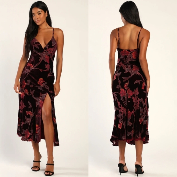 Lulus Divine Allure Burgundy Floral Burnout Velvet Midi Dress M Wedding Party - Picture 1 of 11
